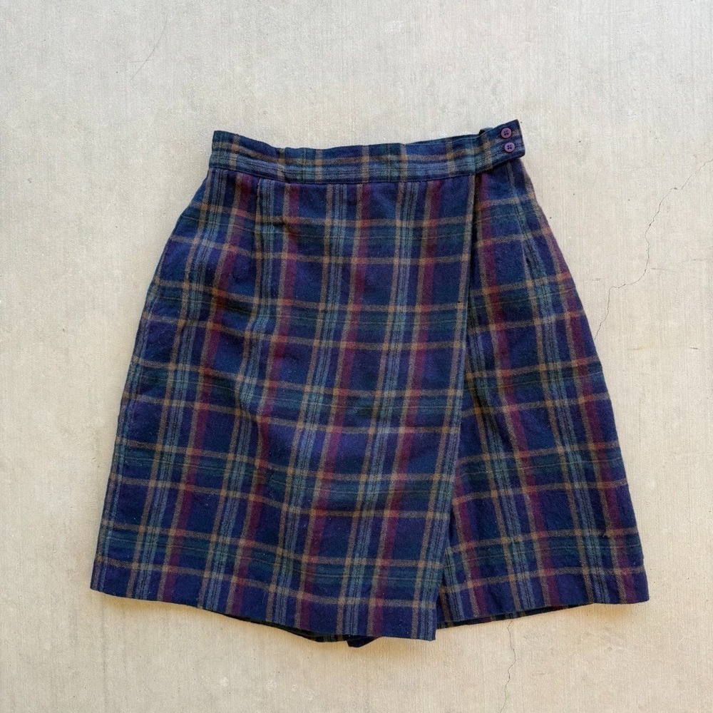 Vintage 90s Stephanie‎ Andrews Plaid Mini Skirt Womens Blue Wool Preppy Kilt XS
